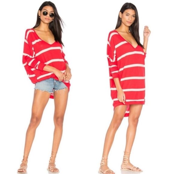 Free People Upstate Red Striped Long‎ Sleeve Top Oversized Boho Size XS Bohemian - Picture 1 of 16